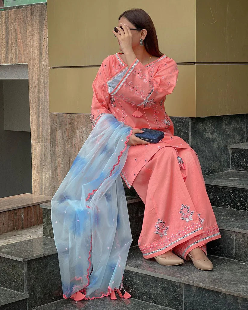 RANG RASIYA-3PC LAWN EMBROIDERED SHIRT WITH MONARK PRINT DUPATTA-PAN-9091