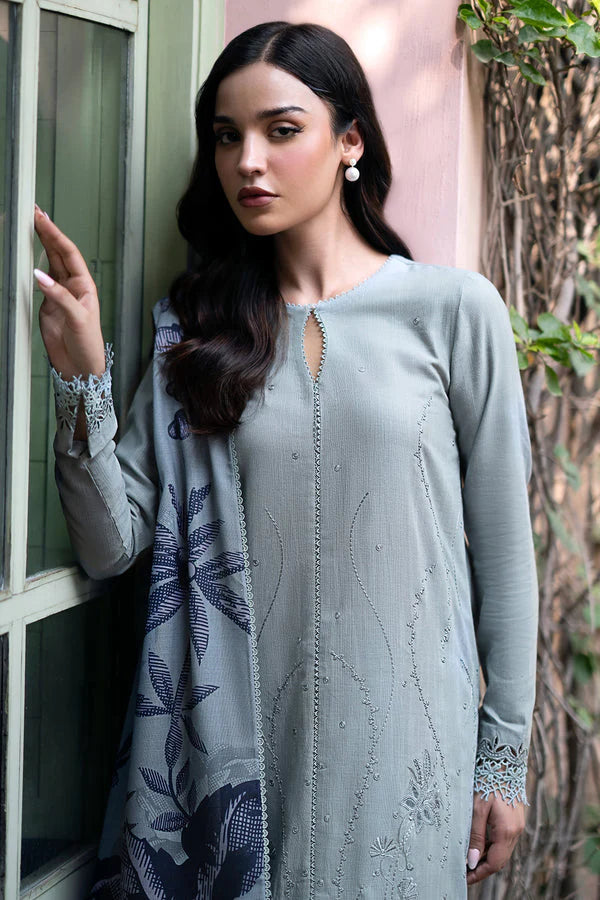 JAZMIN-3PC LAWN EMBROIDRED SHIRT WITH MONARK PRINT DUPATTA AND TROUSER-PAN-8034